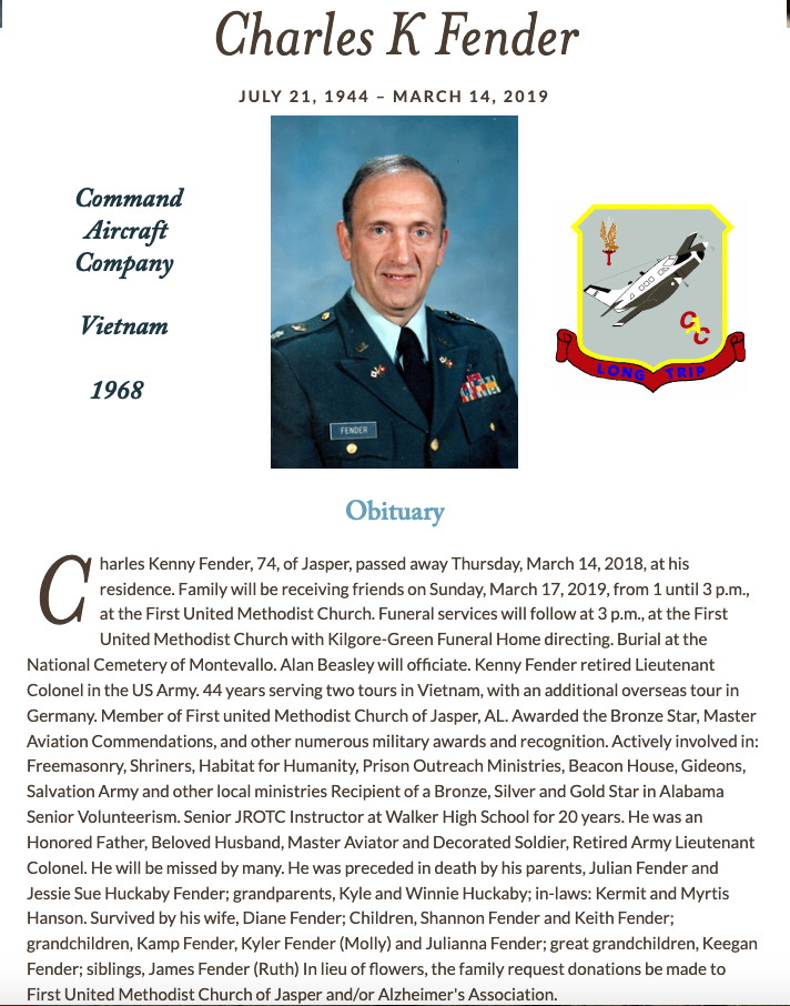Obituary: LTC (ret.) Charles Kenny Fender, 2019 Obituary: LTC (ret.) Charles Kenny Fender, 2019